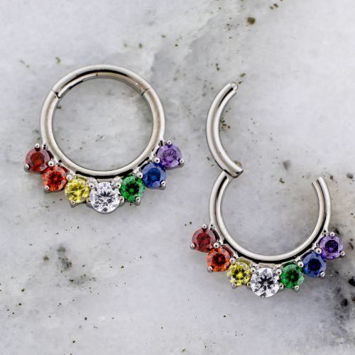 Titanium hinged segment ring with rainbow gems