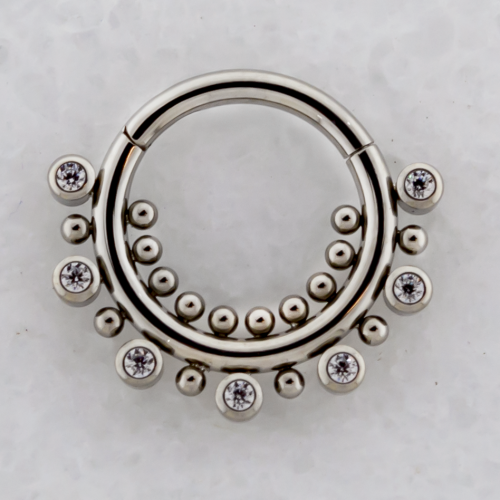 TITANIUM HINGED RING WITH BEZEL SET CLEAR GEMS AND BEADS