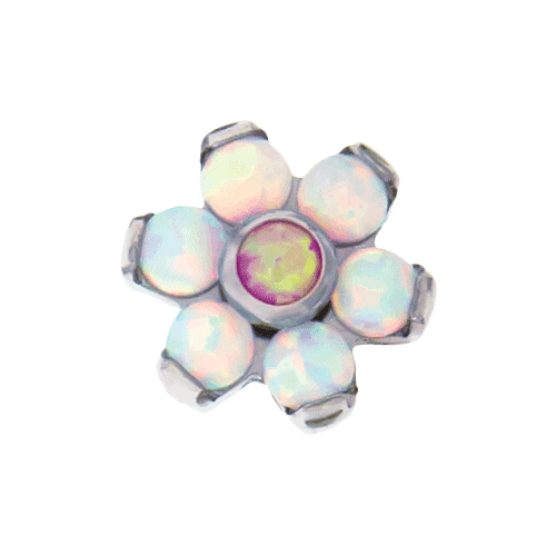 REPLACEMENT HEAD INTERNALLY THREADED TITANIUM ASTM F-136 16G 4MM FLOWER WHITE OPAL PETALS WITH PINK OPAL CENTER SOLD INDIVIDUALLY