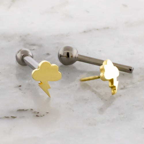 Threadless Titanium Barbell With 18k Gold Cloud with Lightning Bolt End