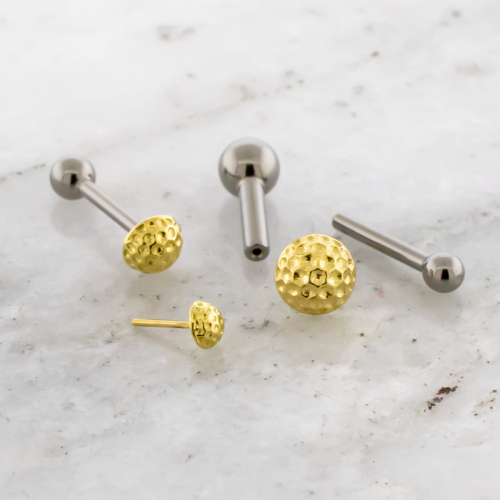 Threadless Titanium Barbell With 18k Gold Hammered Domes