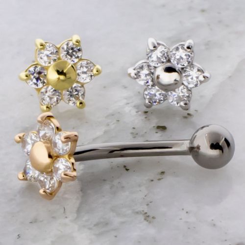 Threadless Titanium Curved Barbell With Fixed Ball & 18KT Gold Flower Set w/ Premium Zirconia End