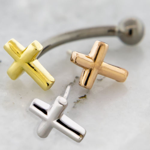 Threadless Titanium Curved Barbell With Fixed Ball & 18KT Gold Cross End