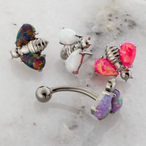 Titanium Threadless Curved Barbell With Bee And Opal Wings