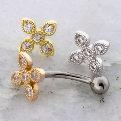 Threadless Titanium Curved Barbell With Fixed Ball & 18KT- 4 Petal Flower End