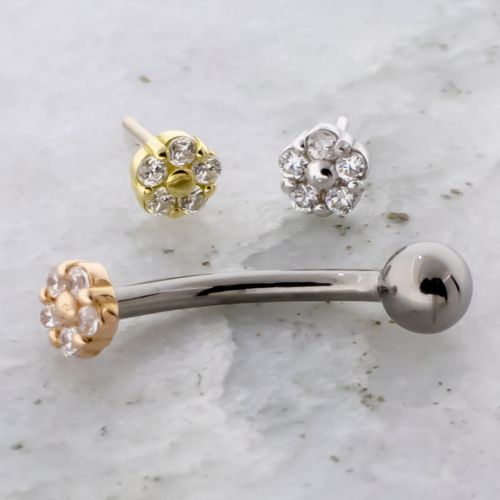 Threadless Titanium Curved Barbell With Fixed Ball & 18KT Premium Zirconia Micro Flower Head