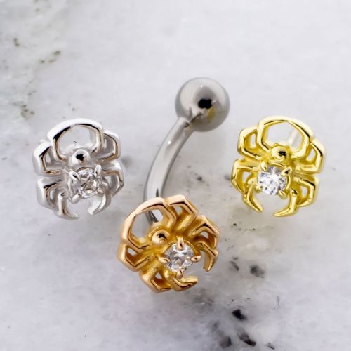 Threadless Titanium Curved Barbell With Fixed Ball & 18KT Spider w/ Gem End