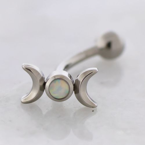 Titanium Threadless Curved Barbell w/ Crescent Moon and Opal End