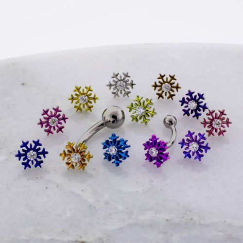 Titanium Threadless Curved Barbell w/ Snowflake with Cubic Zirconia