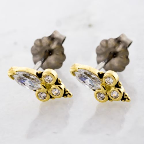 TITANIUM EARRING STUD WITH 18KT GOLD BEADED MARQUIS AND ROUND GEMS