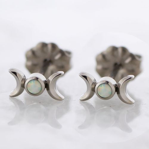 Titanium Threadless Earring Studs w/ Crescent Moon and Opal End