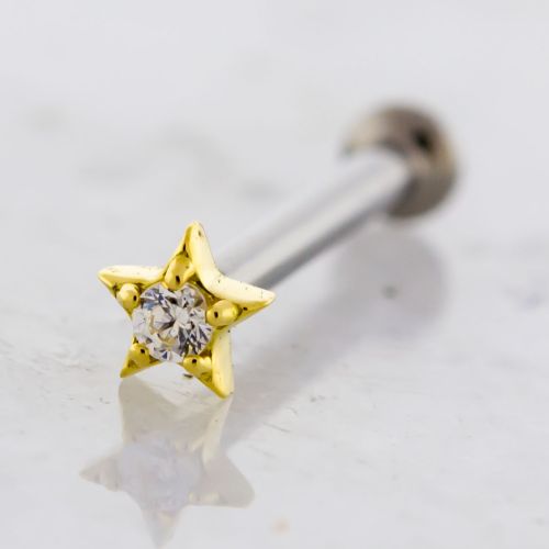 THREADLESS TITANIUM HELIX LABRET WITH 18KT GOLD STAR WITH GEM