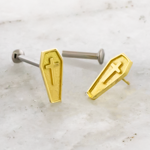 Titanium Threadless Helix Labret w/ 18KT Gold Coffin With Cross End