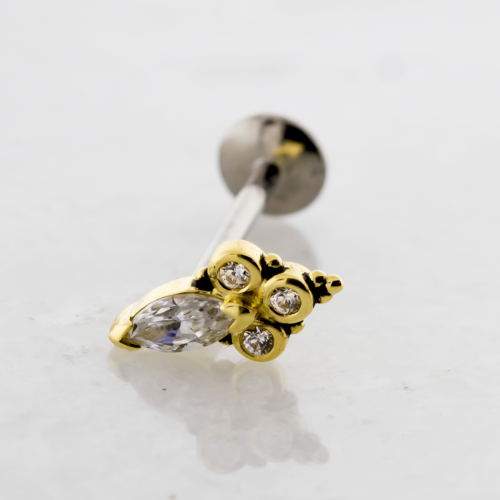 THREADLESS TITANIUM LABRET WITH 18KT YELLOW GOLD BEADED MARQUISE