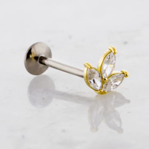 THREADLESS TITANIUM LABRET WITH 18KT YELLOW GOLD MARQUISE LEAF