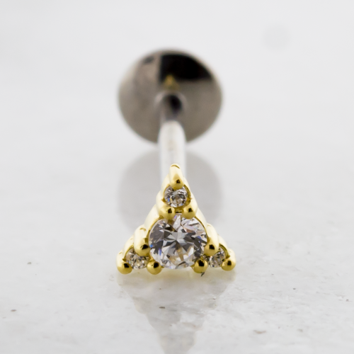 THREADLESS TITANIUM LABRET WITH 18KT YELLOW GOLD 4 GEM TRIANGLE END
