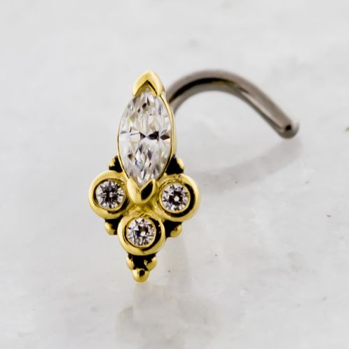 THREADLESS NOSE SCREW WITH 18KT GOLD BEADED MARQUIS AND ROUND GEMS