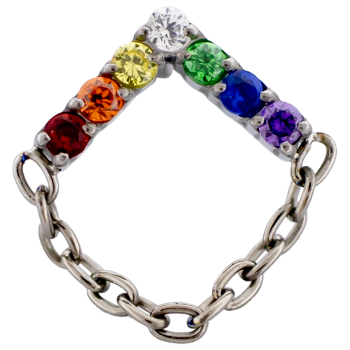Titanium Threadless Rainbow Gem V Shape with Dangling chain-RAINBOW-5MMX7MM