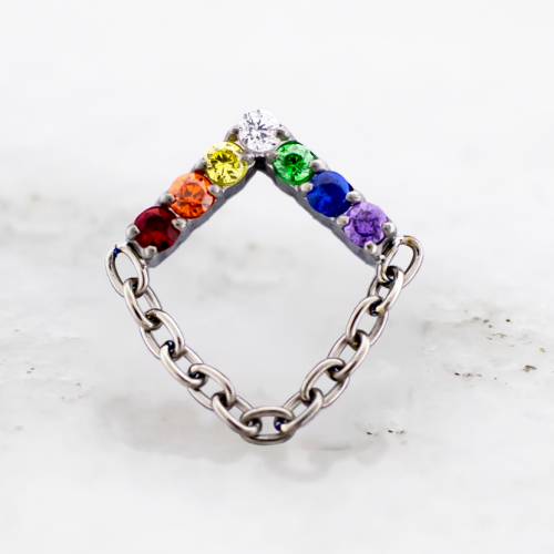 Titanium Threadless Rainbow Gem V Shape with Dangling chain