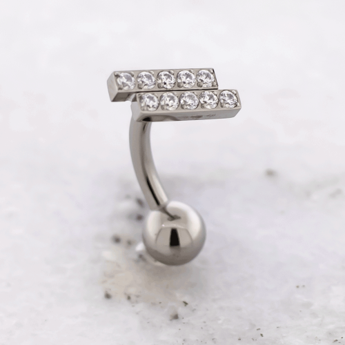 Titanium Threadless Curved Barbell w/ Double CZ Long End