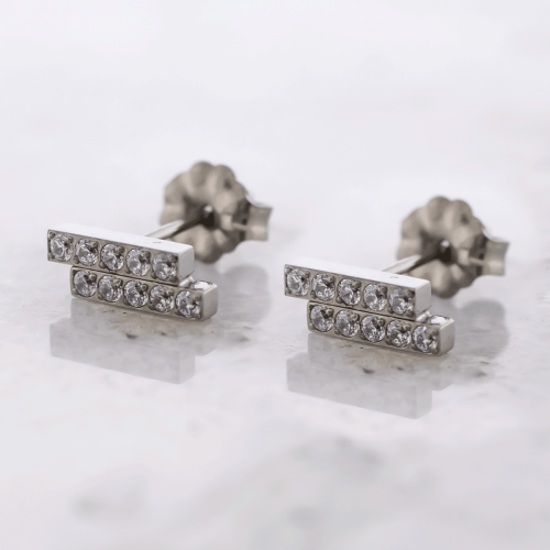 Titanium Threadless Earring Studs w/ Double CZ Long Bar