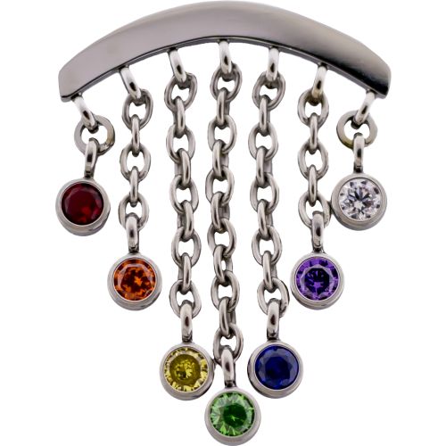 Threadless Hidden Helix Curved Bar End with 5 Chains with Gems Dangle-RAINBOW-20MM X 15MM