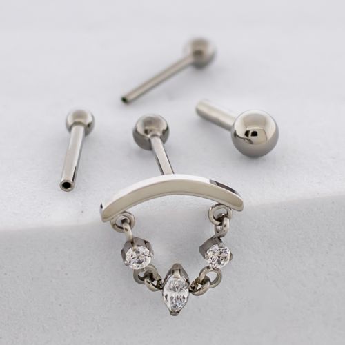 Titanium Threadless Hidden Helix Straight Barbell w/ Dangling Round And Marquise