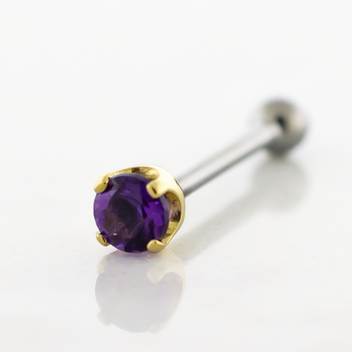 Threadless Titanium Barbell w/ 18kt Gold Dark Amethyst