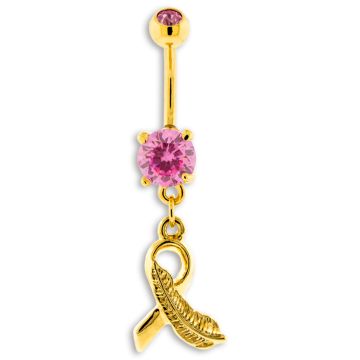 BREAST CANCER AWARENESS GOLD PVD BELLY RING WITH FEATHER RIBBON