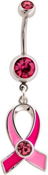 BREAST CANCER AWARENESS PINK RIBBON WITH CENTER GEM-1.6MM (14G)-10MM (3/8