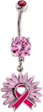 BREAST CANCER AWARENESS PINK AND PINK FLOWER NAVEL RING-1.6MM (14G)-10MM (3/8