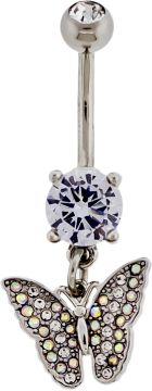 14G Navel Barbell w/ Prong Set Gem and Pave Butterfly-CLEAR