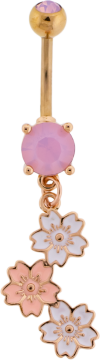 14G Rose Gold PVD Navel Barbell w/ Prong Set Stone and Cherry Blossoms-ROSE QUARTZ