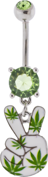 14G Peace Sign Hand Pot Leaf Navel Ring-EMERALD
