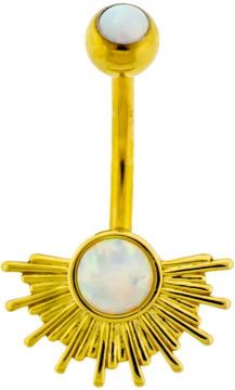 14G PVD Navel Barbell w/ Bezel Set Opal with Sun Rays-1.6MM (14G)-GOLD PVD-WHITE OPAL