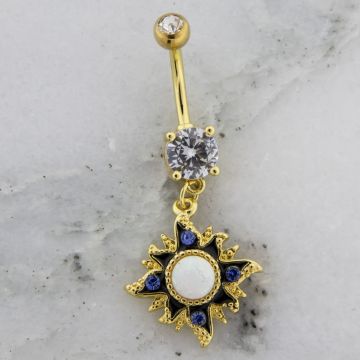 14G GOLD SUN WITH CENTER WHITE OPAL BELLY RING