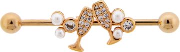 14G Industrial Bar Rose Gold PVD Champagne Glasses w/ Gems and Pearls-ROSE GOLD