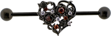 14G Industrial Barbell - Black Gem Heart-1.6MM (14G)-32MM (1-1/4