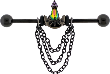 Industrial Barbell w/ Virtual Medium Teardrop and Chains-1.6MM (14G)-BLACK-DARK RAINBOW