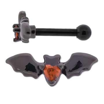 Barbell w/ Bat and Gem Heart-1.2MM (16G)-BLACK-RED
