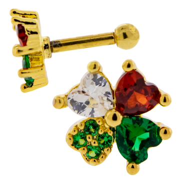 Tragus Barbell w/ Multi Colored Gem Clover -1.2MM (16G)-6MM (1/4
