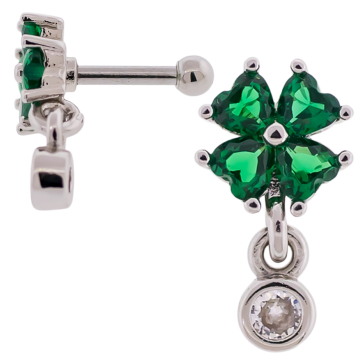 Tragus Barbell w/ Gemmed Clover w/ Gem Dangle-1.2MM (16G)-6MM (1/4