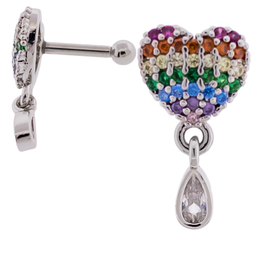 Tragus Barbell w/ Pave Heart and Teardrop Dangle-1.2MM (16G)-RAINBOW