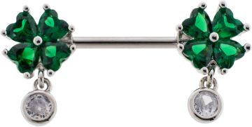 Nipple Bar w/ Clover Gem Dangle Ends-1.6MM (14G)-14MM (9/16