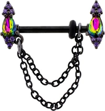 Nipple Barbell w/ Virtual Medium Teardrops and Chain-1.6MM (14G)-DARK RAINBOW