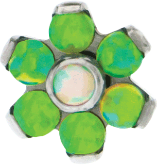 REPLACEMENT HEAD INTERNALLY THREADED TITANIUM ASTM F-136 14G 5MM FLOWER LIME GREEN OPAL PEDALS WITH WHITE OPAL CENTER SOLD INDIVIDUALLY