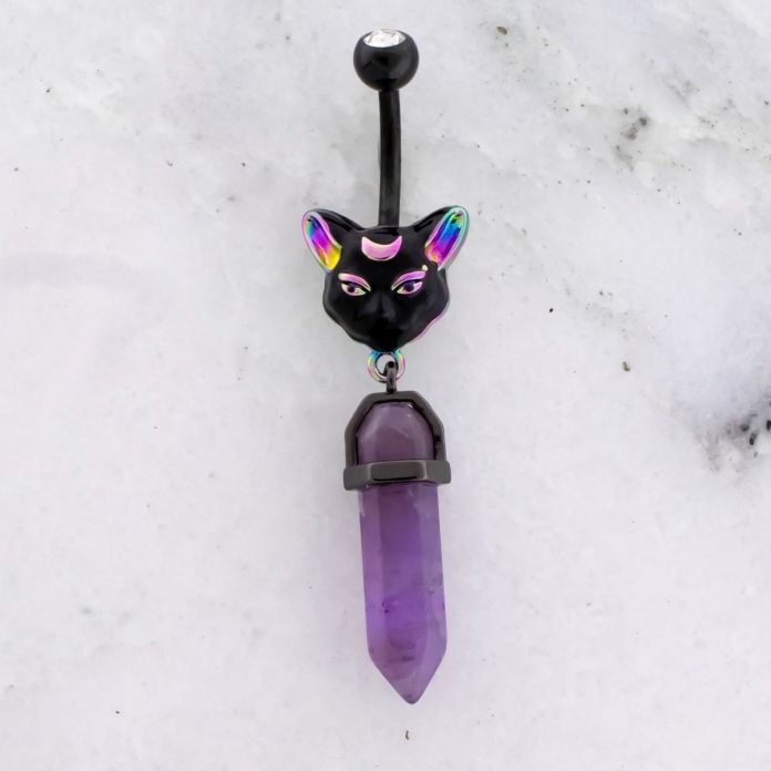 14G Curved Barbell Iridescent Cat w/ Crystal