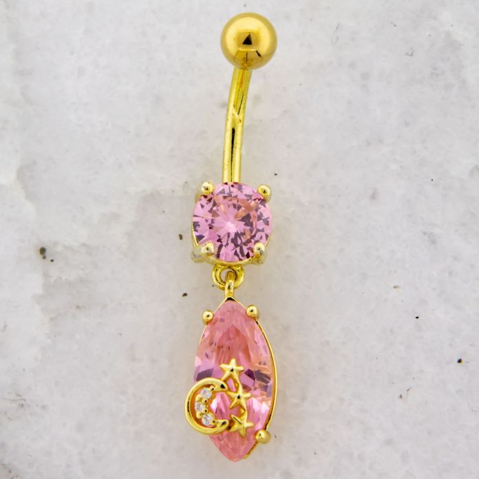 14G Navel Barbell Gold PVD Pink Gem w/ Moon and Stars