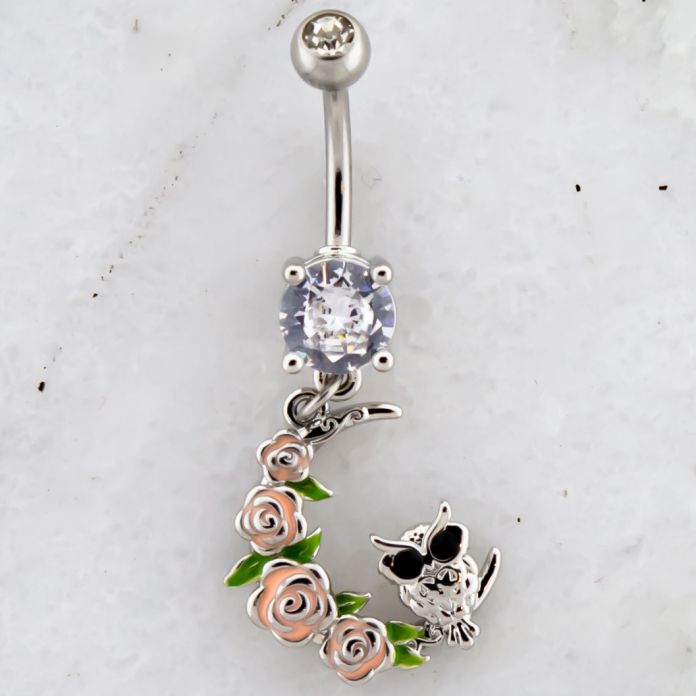 FLOWER MOON WITH OWL NAVEL RING