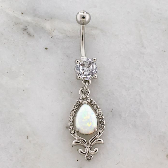14G White Opal With Filigree Navel Ring